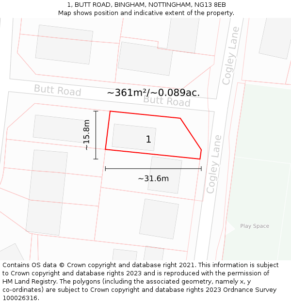 1, BUTT ROAD, BINGHAM, NOTTINGHAM, NG13 8EB: Plot and title map