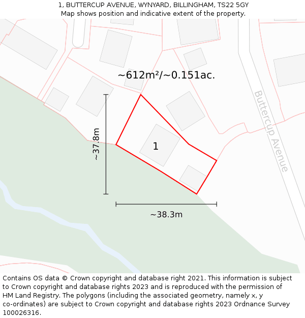 1, BUTTERCUP AVENUE, WYNYARD, BILLINGHAM, TS22 5GY: Plot and title map