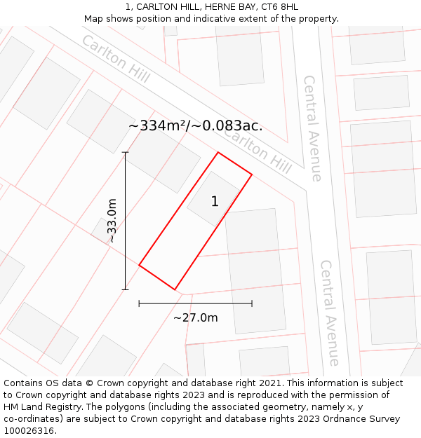 1, CARLTON HILL, HERNE BAY, CT6 8HL: Plot and title map