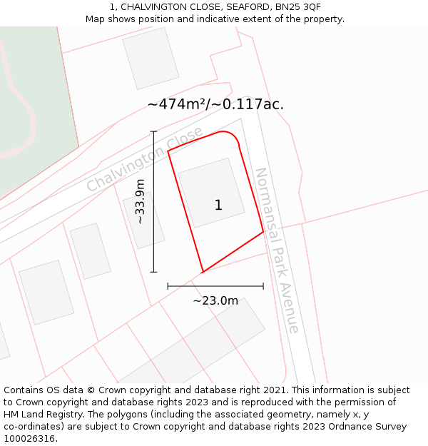 1, CHALVINGTON CLOSE, SEAFORD, BN25 3QF: Plot and title map