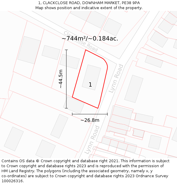 1, CLACKCLOSE ROAD, DOWNHAM MARKET, PE38 9PA: Plot and title map