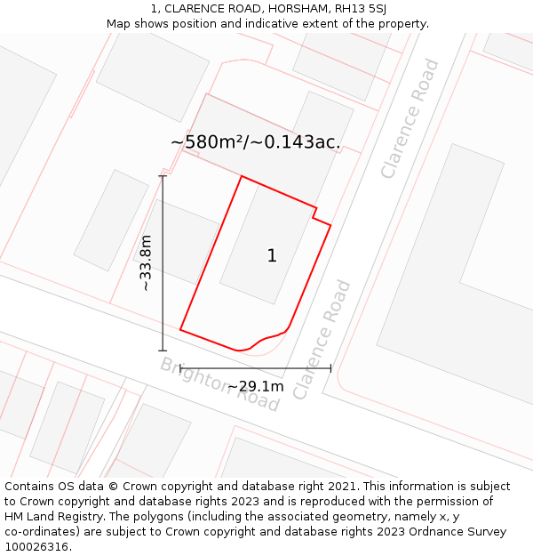 1, CLARENCE ROAD, HORSHAM, RH13 5SJ: Plot and title map