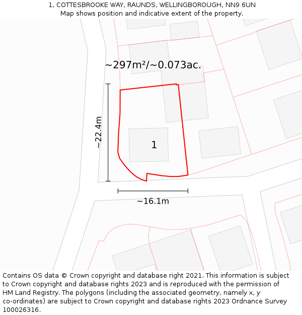 1, COTTESBROOKE WAY, RAUNDS, WELLINGBOROUGH, NN9 6UN: Plot and title map