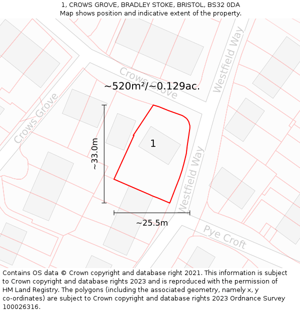 1, CROWS GROVE, BRADLEY STOKE, BRISTOL, BS32 0DA: Plot and title map