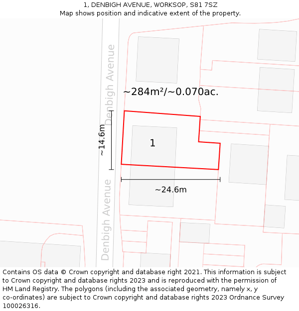 1, DENBIGH AVENUE, WORKSOP, S81 7SZ: Plot and title map