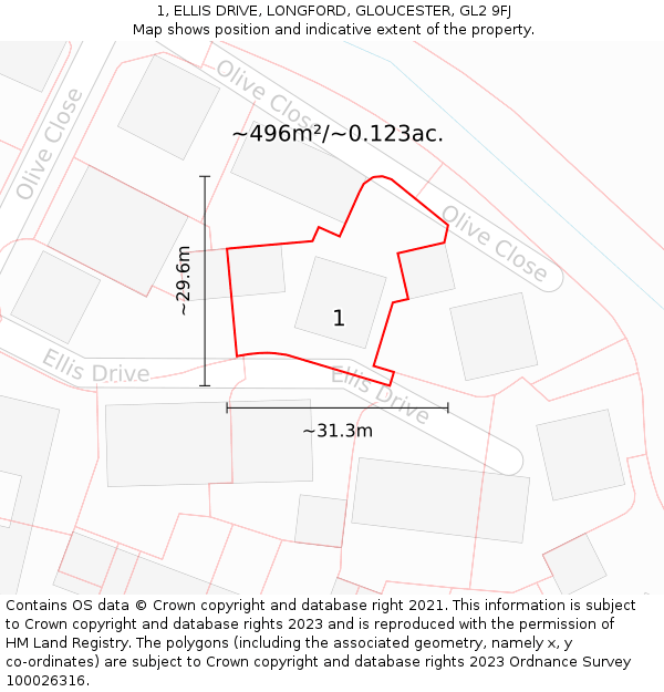 1, ELLIS DRIVE, LONGFORD, GLOUCESTER, GL2 9FJ: Plot and title map