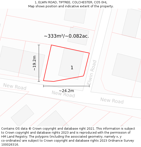 1, ELWIN ROAD, TIPTREE, COLCHESTER, CO5 0HL: Plot and title map