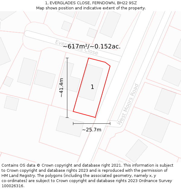 1, EVERGLADES CLOSE, FERNDOWN, BH22 9SZ: Plot and title map