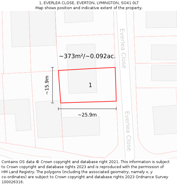 1, EVERLEA CLOSE, EVERTON, LYMINGTON, SO41 0LT: Plot and title map