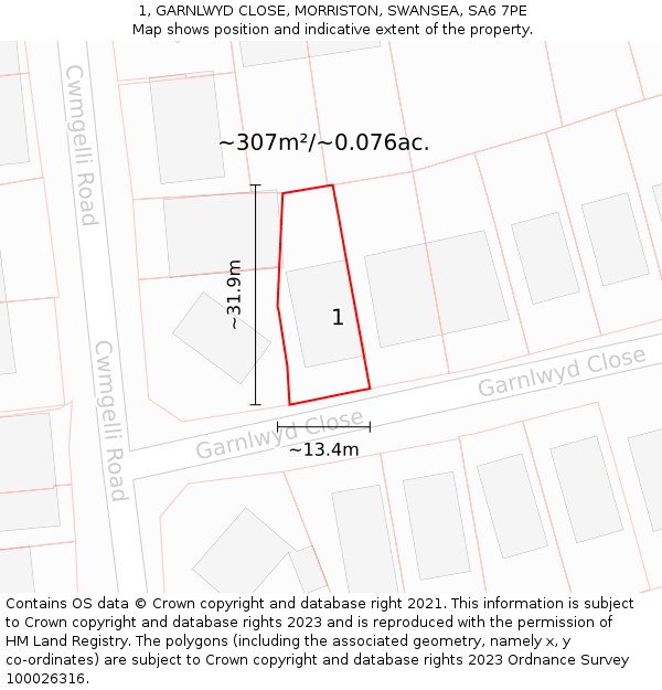1, GARNLWYD CLOSE, MORRISTON, SWANSEA, SA6 7PE: Plot and title map