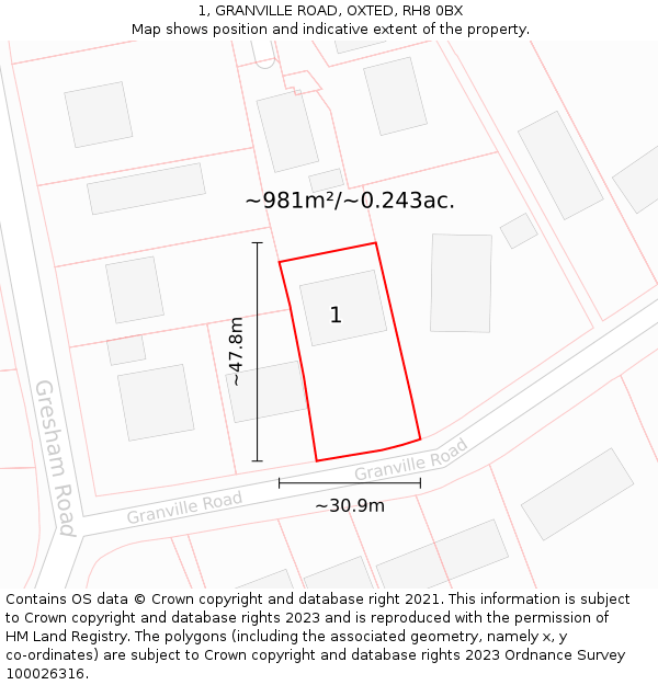 1, GRANVILLE ROAD, OXTED, RH8 0BX: Plot and title map