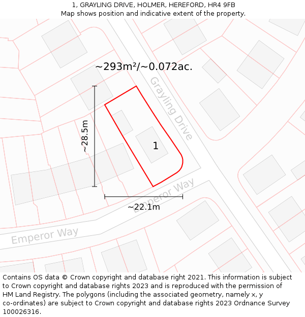 1, GRAYLING DRIVE, HOLMER, HEREFORD, HR4 9FB: Plot and title map