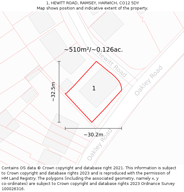 1, HEWITT ROAD, RAMSEY, HARWICH, CO12 5DY: Plot and title map