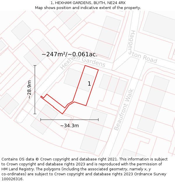 1, HEXHAM GARDENS, BLYTH, NE24 4RX: Plot and title map