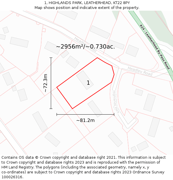 1, HIGHLANDS PARK, LEATHERHEAD, KT22 8PY: Plot and title map