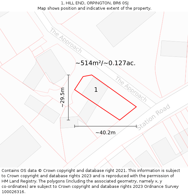 1, HILL END, ORPINGTON, BR6 0SJ: Plot and title map