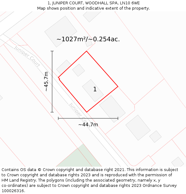 1, JUNIPER COURT, WOODHALL SPA, LN10 6WE: Plot and title map