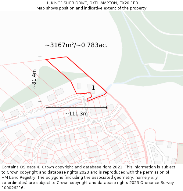 1, KINGFISHER DRIVE, OKEHAMPTON, EX20 1ER: Plot and title map