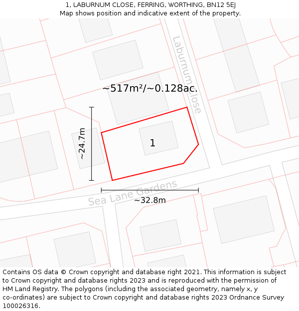 1, LABURNUM CLOSE, FERRING, WORTHING, BN12 5EJ: Plot and title map