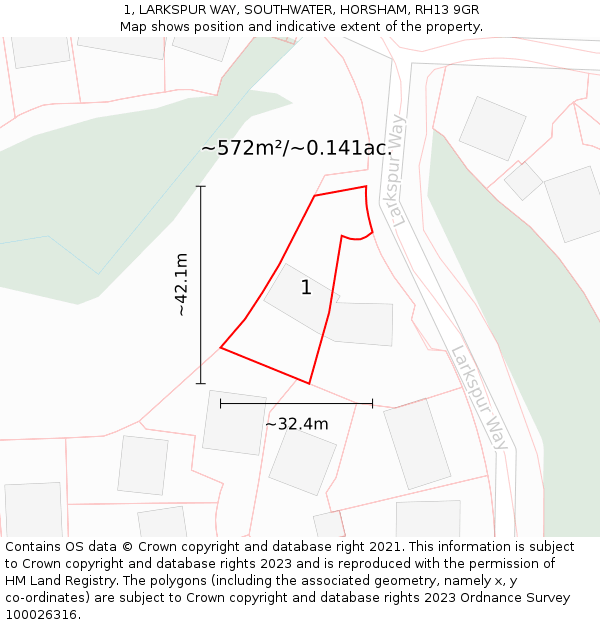 1, LARKSPUR WAY, SOUTHWATER, HORSHAM, RH13 9GR: Plot and title map