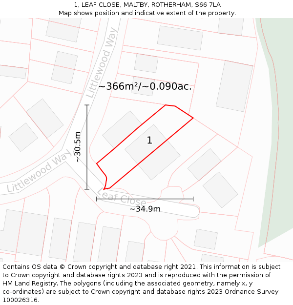 1, LEAF CLOSE, MALTBY, ROTHERHAM, S66 7LA: Plot and title map