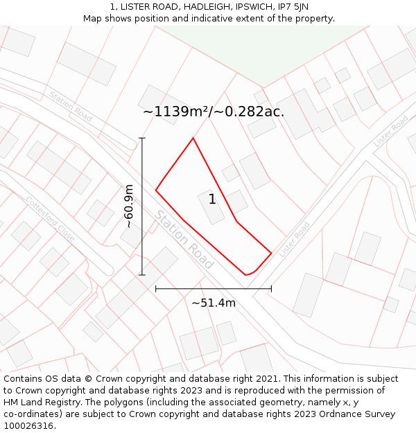 1, LISTER ROAD, HADLEIGH, IPSWICH, IP7 5JN: Plot and title map