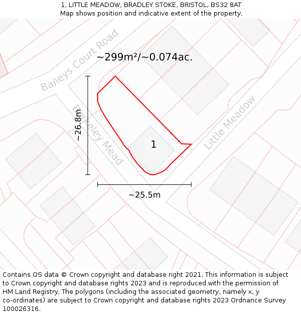 1, LITTLE MEADOW, BRADLEY STOKE, BRISTOL, BS32 8AT: Plot and title map