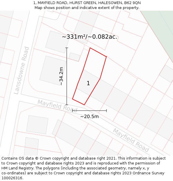 1, MAYFIELD ROAD, HURST GREEN, HALESOWEN, B62 9QN: Plot and title map