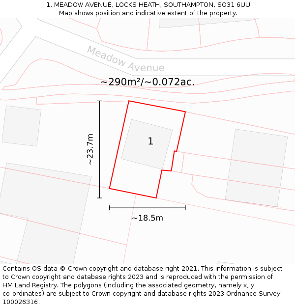 1, MEADOW AVENUE, LOCKS HEATH, SOUTHAMPTON, SO31 6UU: Plot and title map