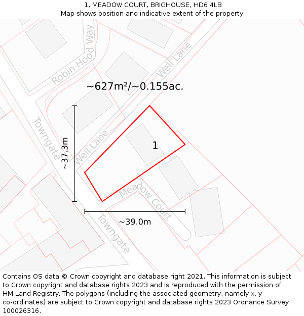 1, MEADOW COURT, BRIGHOUSE, HD6 4LB: Plot and title map