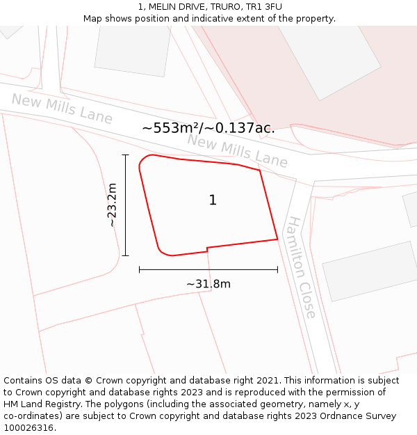 1, MELIN DRIVE, TRURO, TR1 3FU: Plot and title map