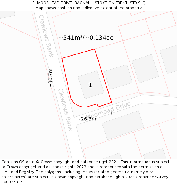 1, MOORHEAD DRIVE, BAGNALL, STOKE-ON-TRENT, ST9 9LQ: Plot and title map