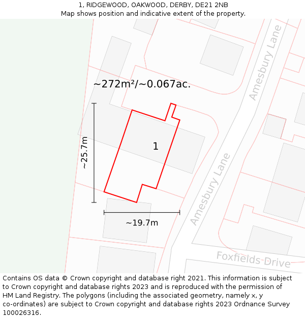 1, RIDGEWOOD, OAKWOOD, DERBY, DE21 2NB: Plot and title map