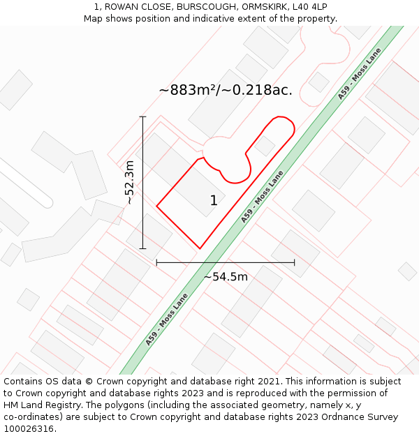 1, ROWAN CLOSE, BURSCOUGH, ORMSKIRK, L40 4LP: Plot and title map