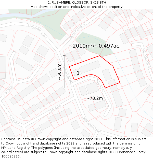 1, RUSHMERE, GLOSSOP, SK13 8TH: Plot and title map