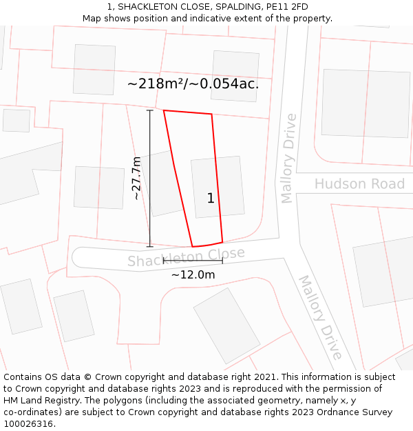 1, SHACKLETON CLOSE, SPALDING, PE11 2FD: Plot and title map