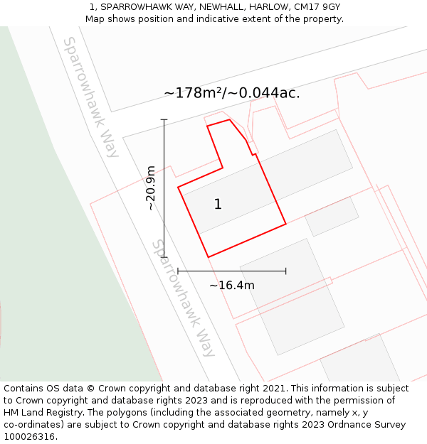 1, SPARROWHAWK WAY, NEWHALL, HARLOW, CM17 9GY: Plot and title map