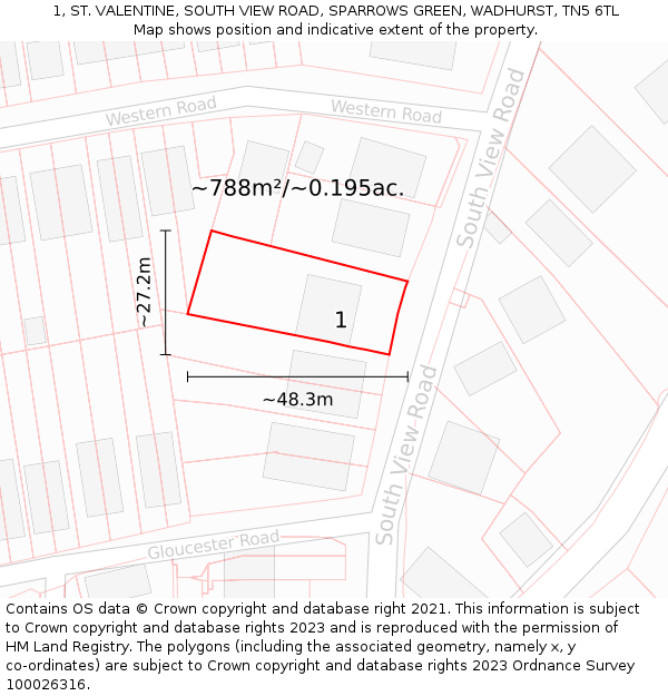 1, ST. VALENTINE, SOUTH VIEW ROAD, SPARROWS GREEN, WADHURST, TN5 6TL: Plot and title map