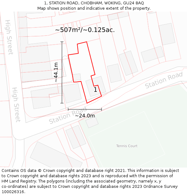 1, STATION ROAD, CHOBHAM, WOKING, GU24 8AQ: Plot and title map