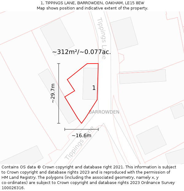 1, TIPPINGS LANE, BARROWDEN, OAKHAM, LE15 8EW: Plot and title map