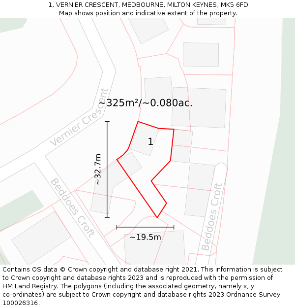 1, VERNIER CRESCENT, MEDBOURNE, MILTON KEYNES, MK5 6FD: Plot and title map