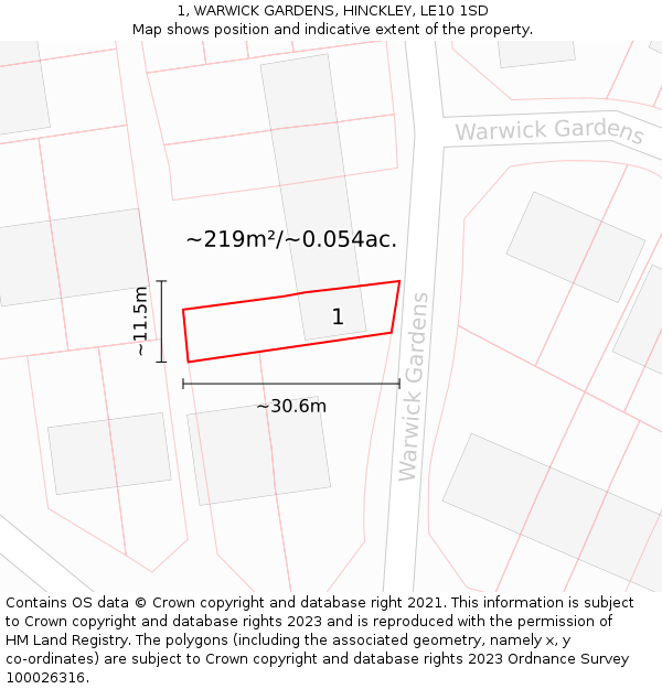 1, WARWICK GARDENS, HINCKLEY, LE10 1SD: Plot and title map