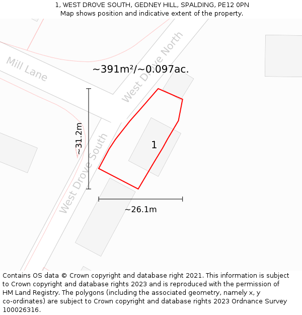 1, WEST DROVE SOUTH, GEDNEY HILL, SPALDING, PE12 0PN: Plot and title map