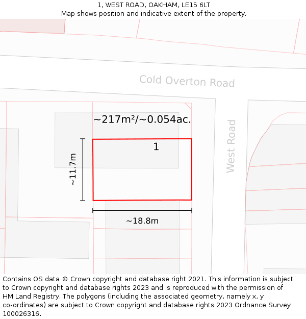 1, WEST ROAD, OAKHAM, LE15 6LT: Plot and title map