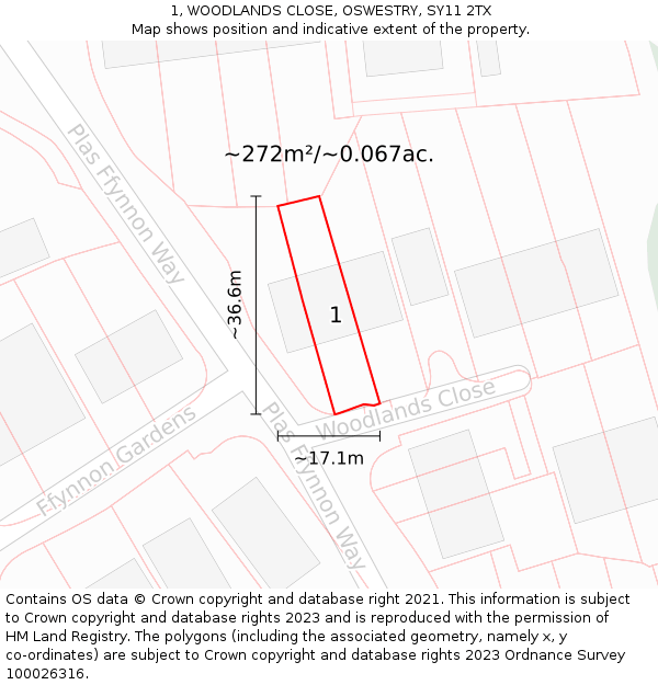 1, WOODLANDS CLOSE, OSWESTRY, SY11 2TX: Plot and title map