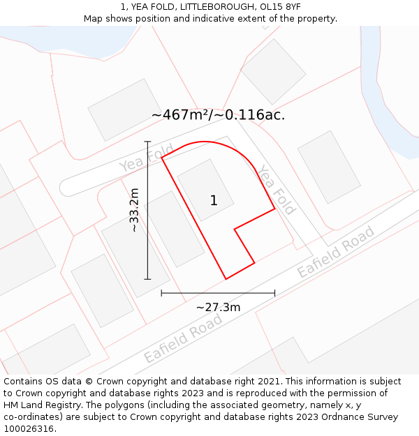 1, YEA FOLD, LITTLEBOROUGH, OL15 8YF: Plot and title map