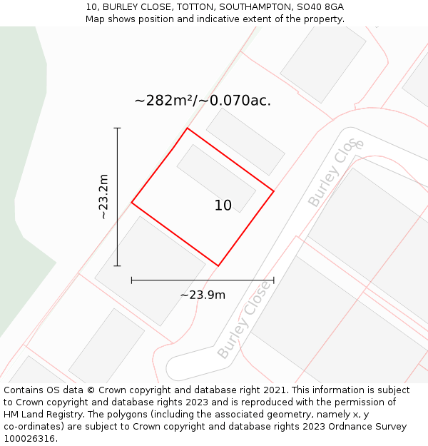 10, BURLEY CLOSE, TOTTON, SOUTHAMPTON, SO40 8GA: Plot and title map