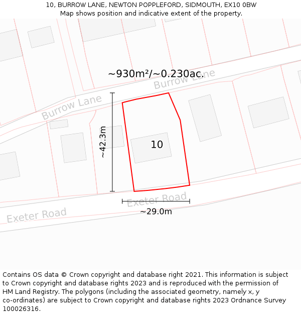 10, BURROW LANE, NEWTON POPPLEFORD, SIDMOUTH, EX10 0BW: Plot and title map