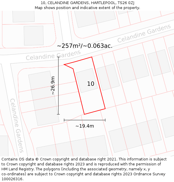 10, CELANDINE GARDENS, HARTLEPOOL, TS26 0ZJ: Plot and title map