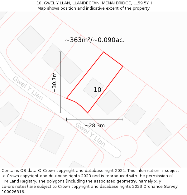 10, GWEL Y LLAN, LLANDEGFAN, MENAI BRIDGE, LL59 5YH: Plot and title map